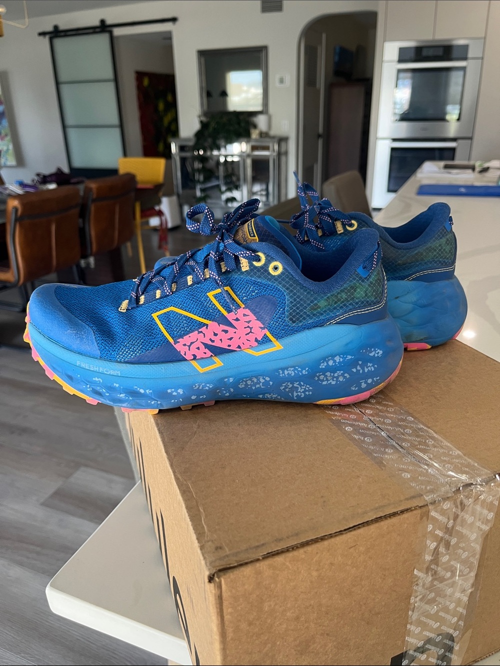 New Balance Fresh Foam Blue Running Shoes with Pink Accent Logo